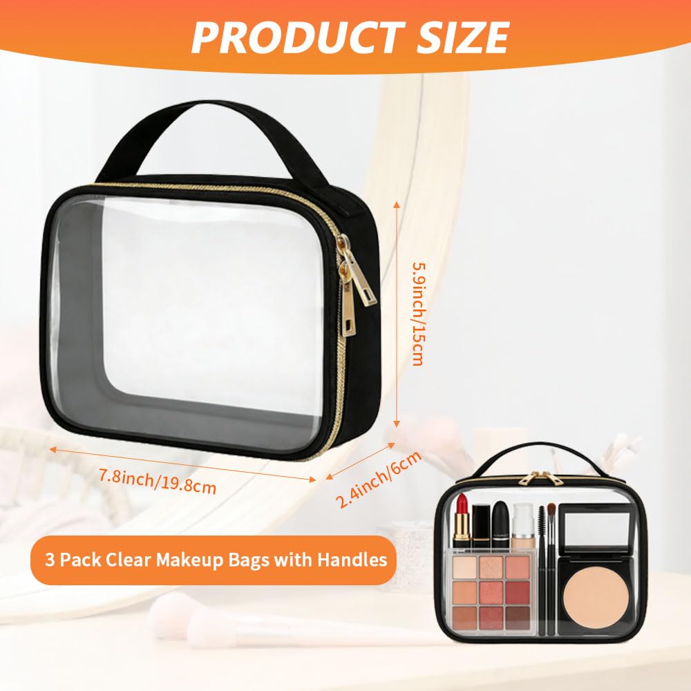 Paquete de 3 bolsas de maquillaje transparentes con asas, neceser de viaje para mujeres y hombres, bolsa de maquillaje de PVC repelente al agua, bolsa de transporte en aeropuerto, para viajes