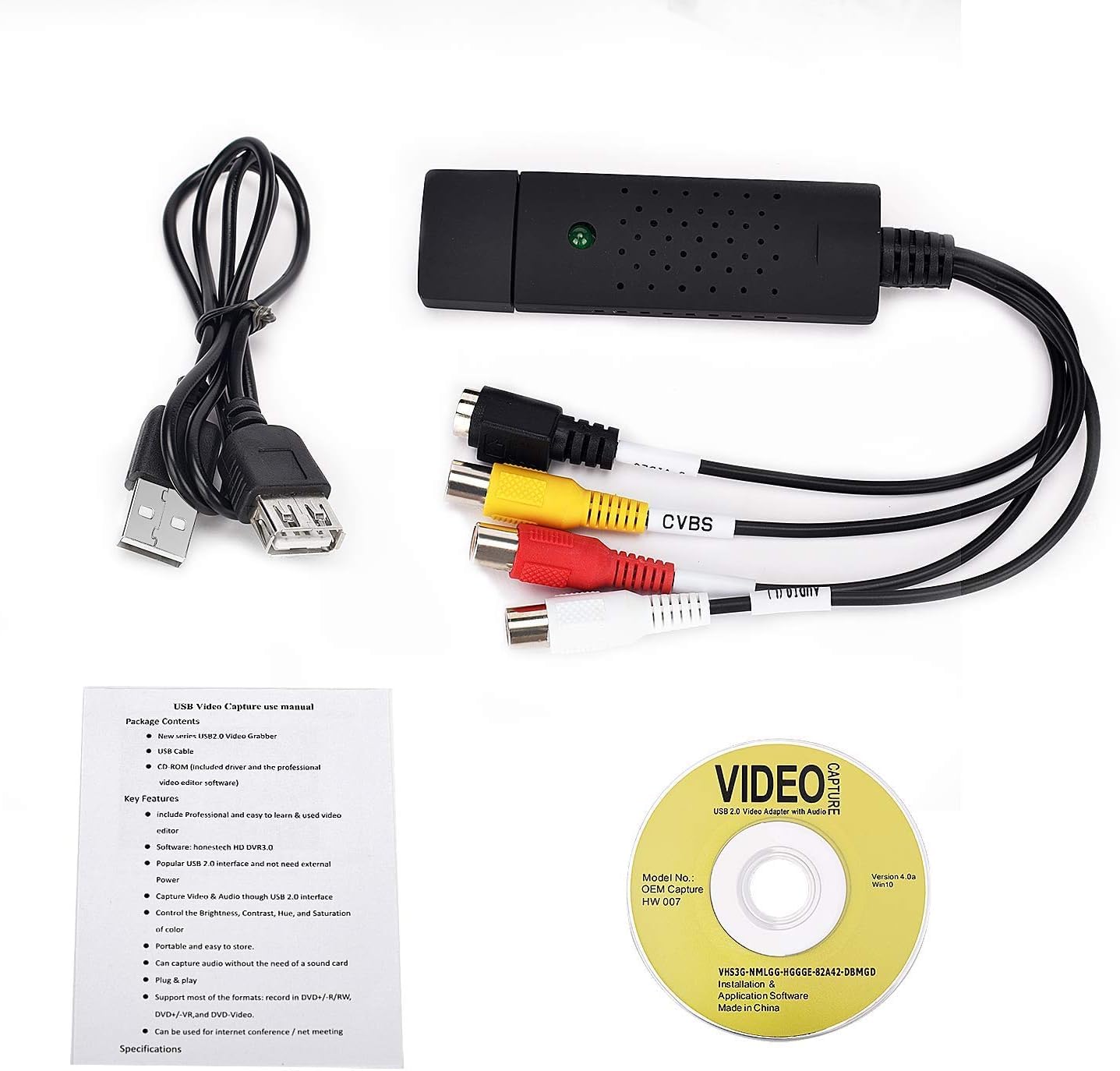 CARYWON Capturadora de Video USB 2.0 Captura de Video y Audio con Cable de Transferencia USB 2.0, VHS VCR Convertidor de TV a DVD Compatible con Mac, Windows 2000/10/8/7, Vista/XP/Android