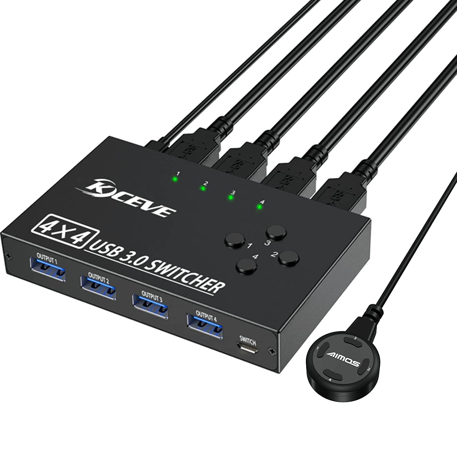 Interruptor USB 3.0, conmutador USB 4 computadoras que comparten 4 dispositivos USB, conmutador periférico USB para teclado, mouse, impresora, escáner, con botón remoto con cable y 4 cables USB 3.0