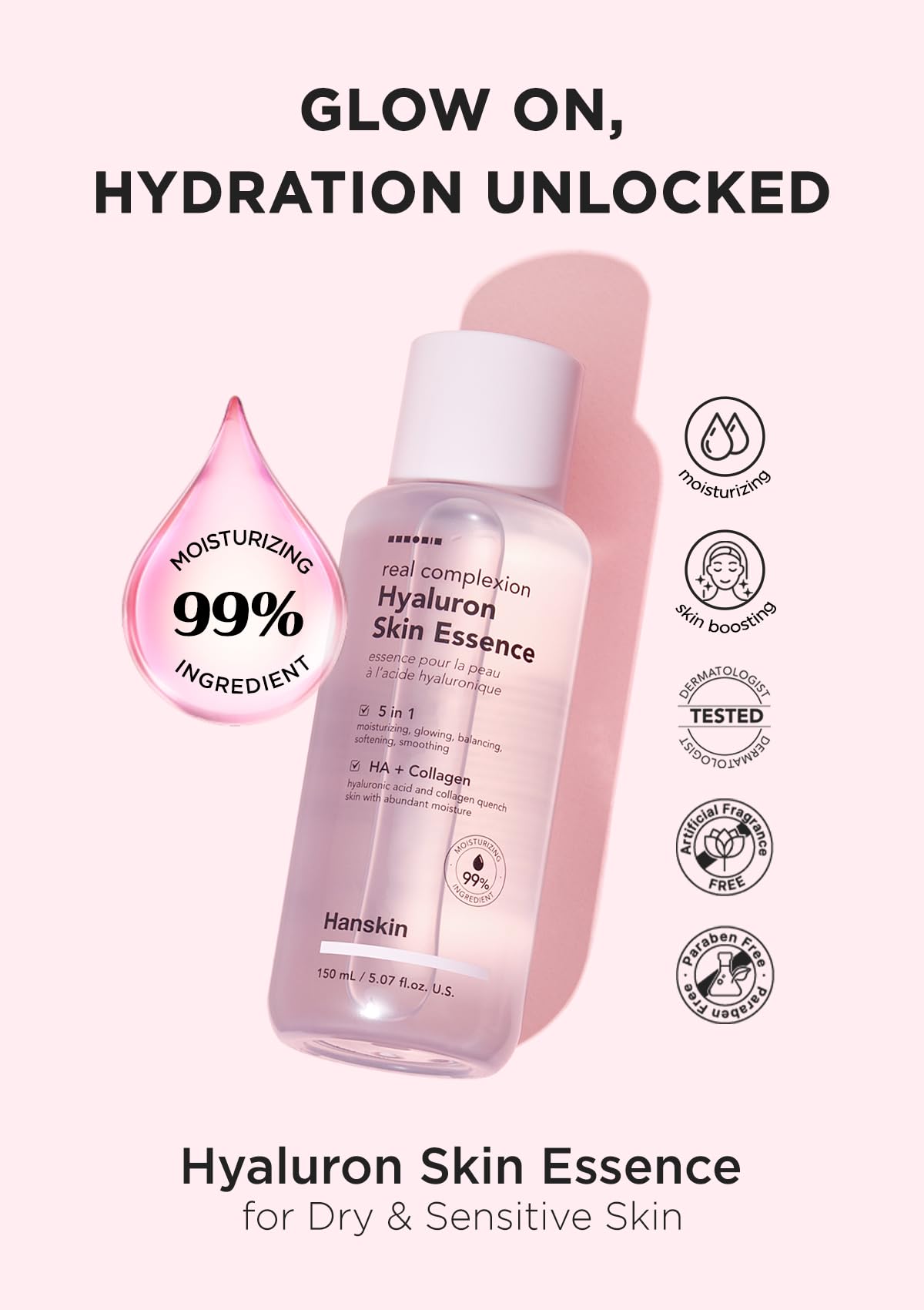 Hanskin Real Complexion Hialuron Skin Essence - Ácido hialurónico, hidratante, brillante, suave y sin fragancia [150 ml]