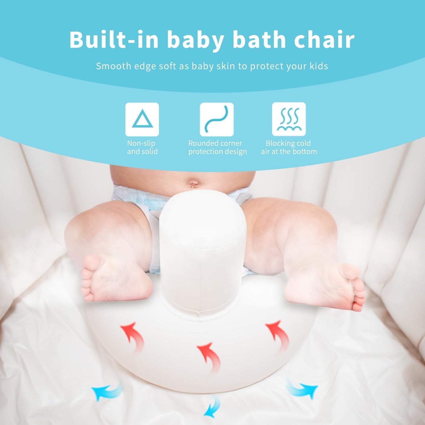 Hantaiwan Asiento inflable de baño para bebé para sentarse XL, bañera suave inflable para 24-36 meses, anticolisión con detección de temperatura, soporte de baño portátil para niños pequeños para el