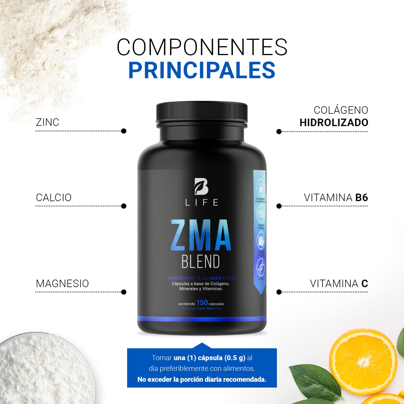 Cápsulas Mezcla ZMA B Life con Zinc, Magnesio y Vitamina C en Ingredientes Naturales