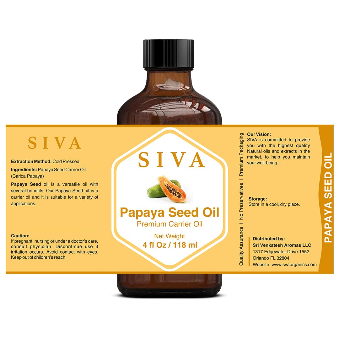 SIVA ORGANICS- Aceite de semilla de papaya SIVA 4 oz (118 ml) Aceite portador prensado en frío de primera calidad con gotero para el rostro y el cuidado de la piel.