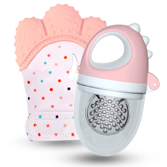 Chupón De Frutas y Papillas + Guante Mordedera, Membrana Sonora, Relieve Estimulante para Bebé, Libre BPA, 3m+ (Chupón Dino Rosa + Guante Rosa)