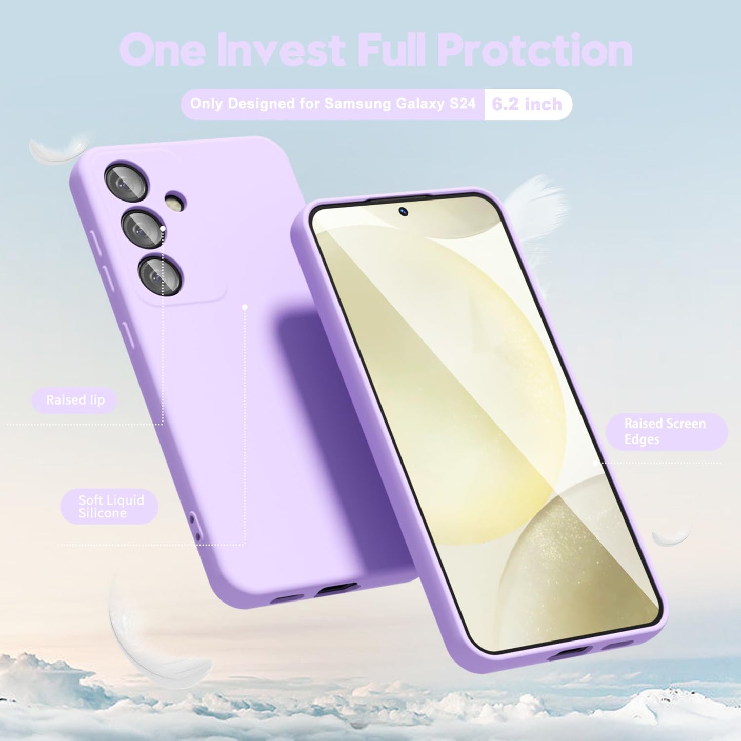oakxco - Funda para Samsung Galaxy S24 de silicona líquida, fina y delgada, de gel de goma suave de TPU para mujeres y niñas, color sólido mate, lila, lavanda, morado claro