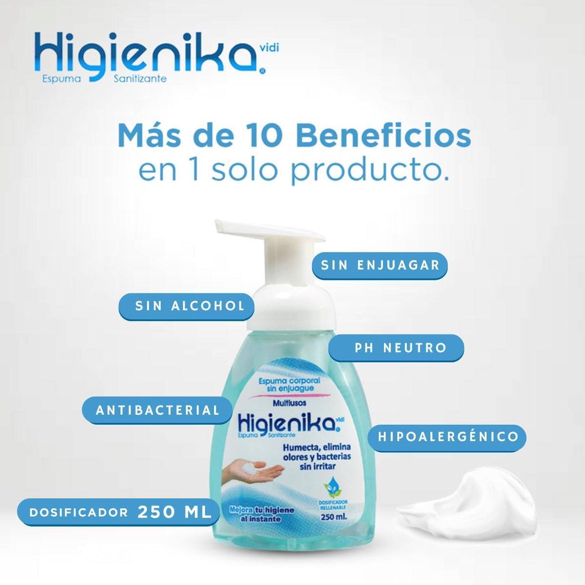 SOLUCIÓN HIGIENIKA - Higiene instantánea sin enjuague - Jabón antibacterial SIN alcohol, espuma baño en seco para personas en cama, elimina olores y bacterias (500 ml)