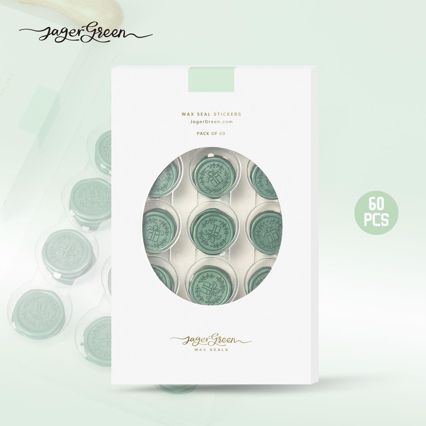 JAGERGREEN - Juego de pegatinas de cera con varios patrones de sellos, calcomanía verde para invitaciones de boda, personalizable, sellador de sobres, regalo de Navidad (regalo, 60 piezas)