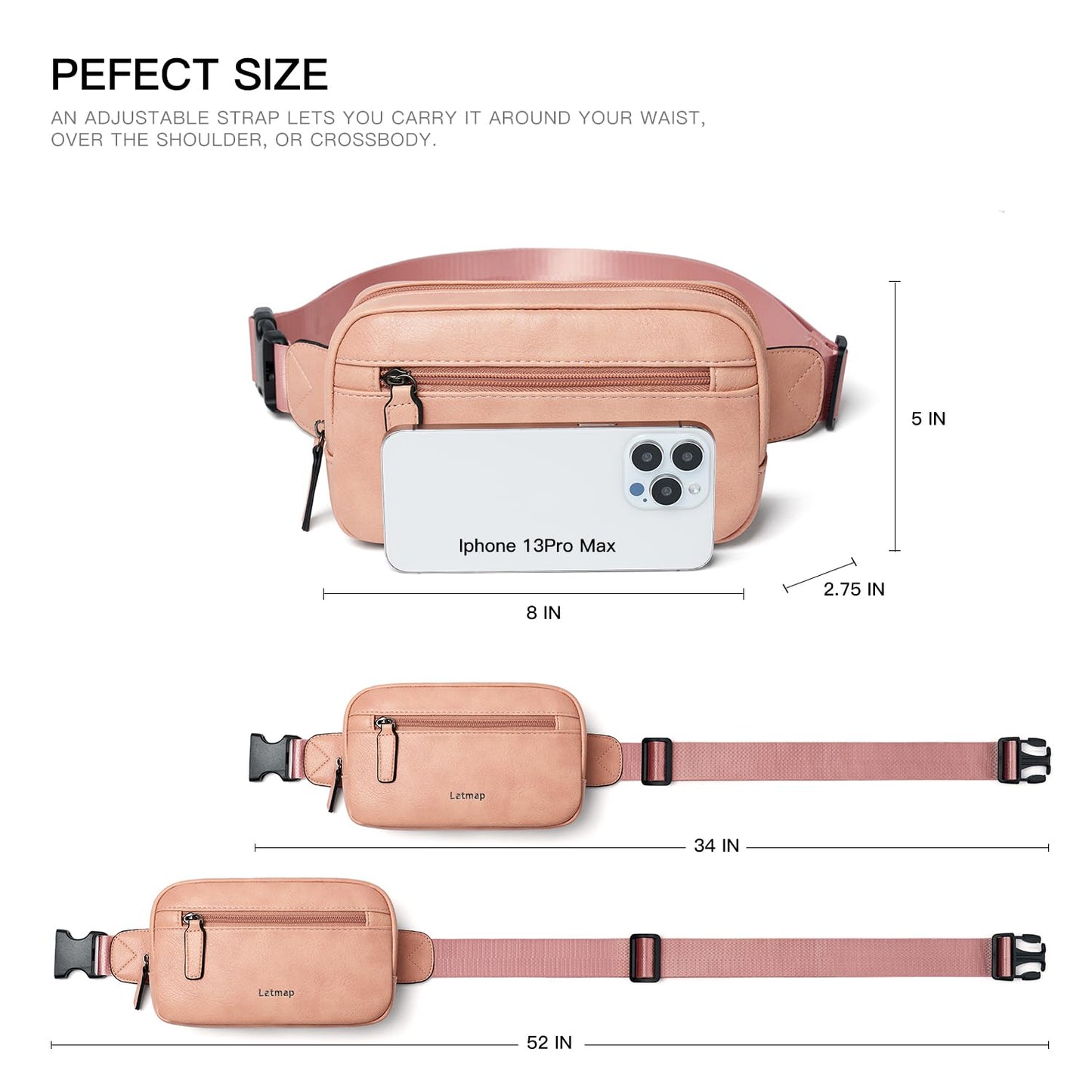 LATMAP - Riñonera de 2 L para todas partes, pequeña y a la moda, bandolera de piel sintética, impermeable, para mujer, a la moda, Rosado, 7.87 inches