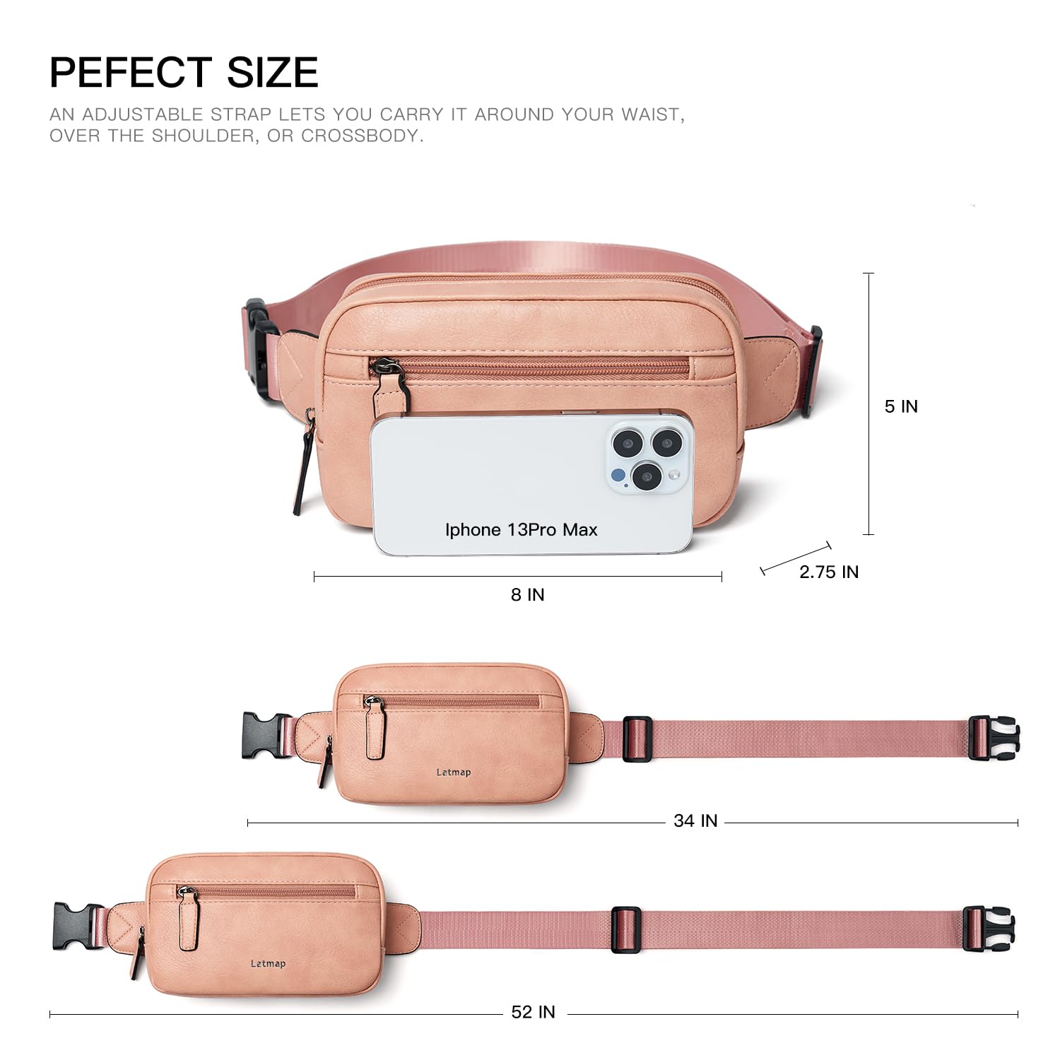 LATMAP - Riñonera de 2 L para todas partes, pequeña y a la moda, bandolera de piel sintética, impermeable, para mujer, a la moda, Rosado, 7.87 inches