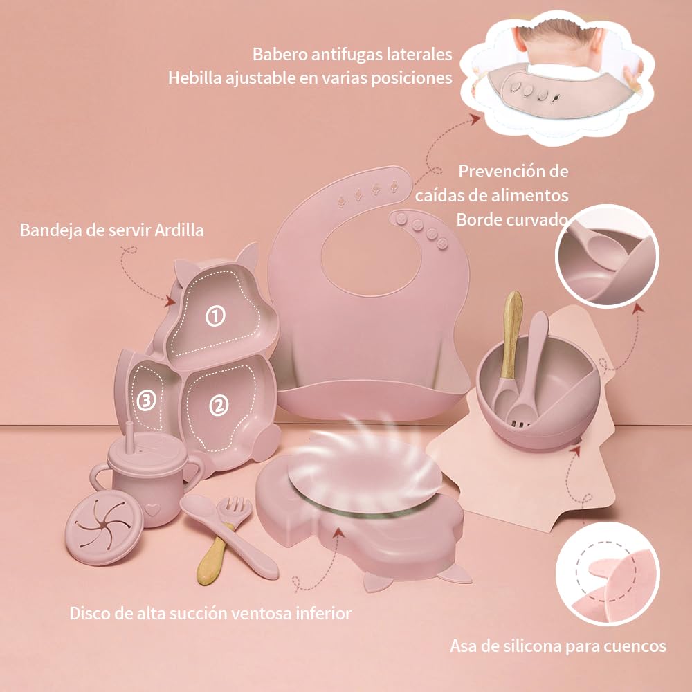FINYQBET Platos Para Bebés De Silicona Con Tazón Cuchara Tenedor Babe,Set de 8 Piezas para Bebés,Plato para Bebe con Ventosas, Ajustable,Rosa