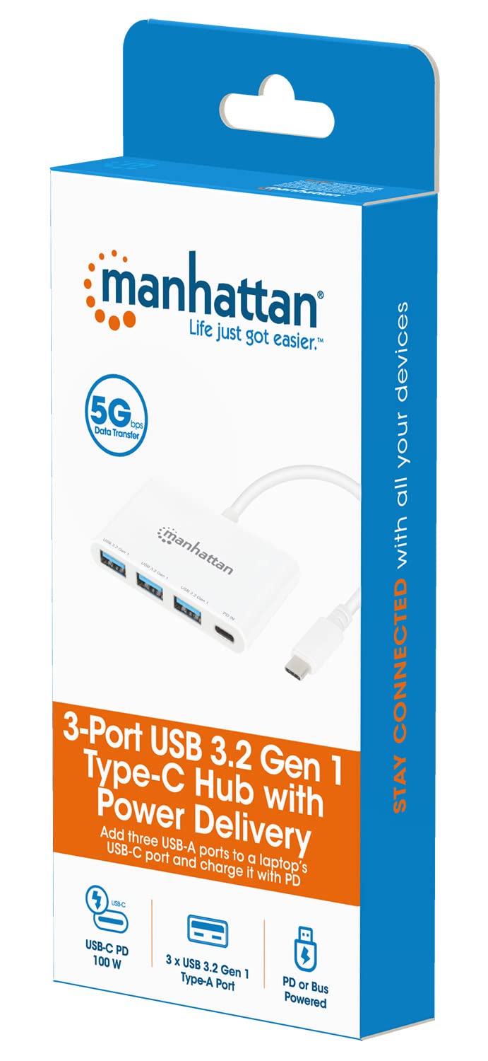 Manhattan 168434 - Hub USB-C 3.2 Gen 1 de 3 Puertos con Carga de 100 W
