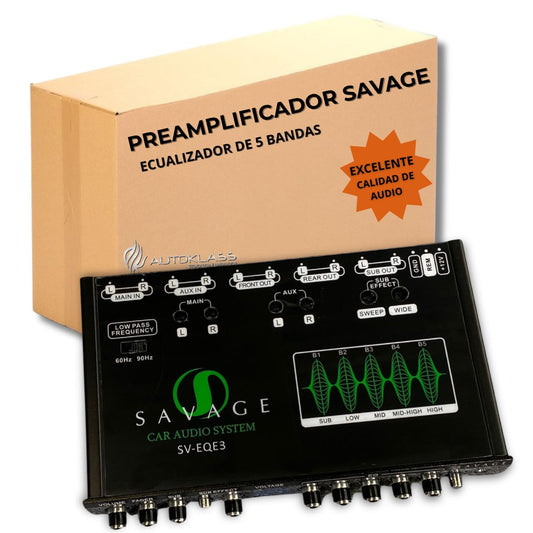 AUTOKLASS-Ecualizador 5 Bandas Efecto Epicentro 9 Volts. Entrada vía RCAs, Auxiliar. Salidas RCAs