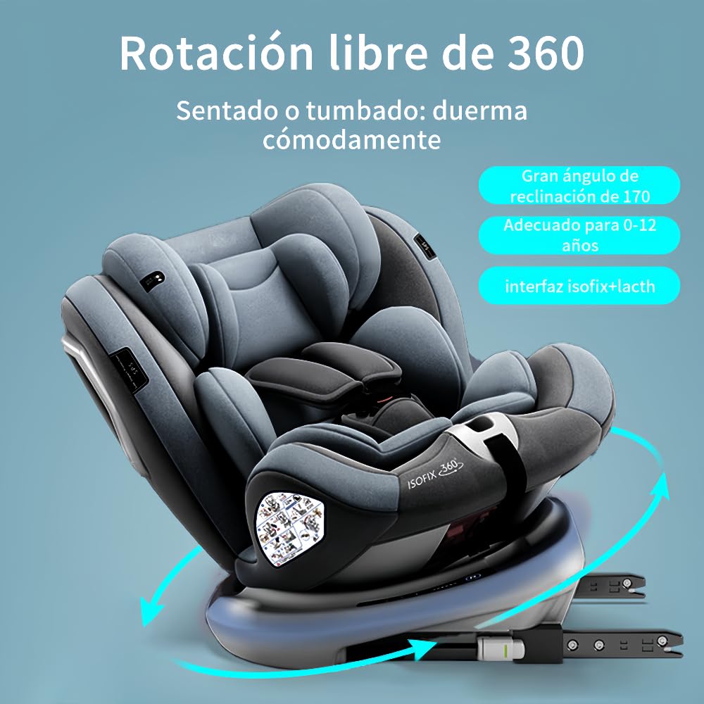 FINYQBET Autoasientos para Bebé, Asiento para Bebé Carro 3 en 1,Crecimiento Sostenible, Seguro y con Rotación 360°,Arnés de Cinco Puntos y Protección Biónica gris
