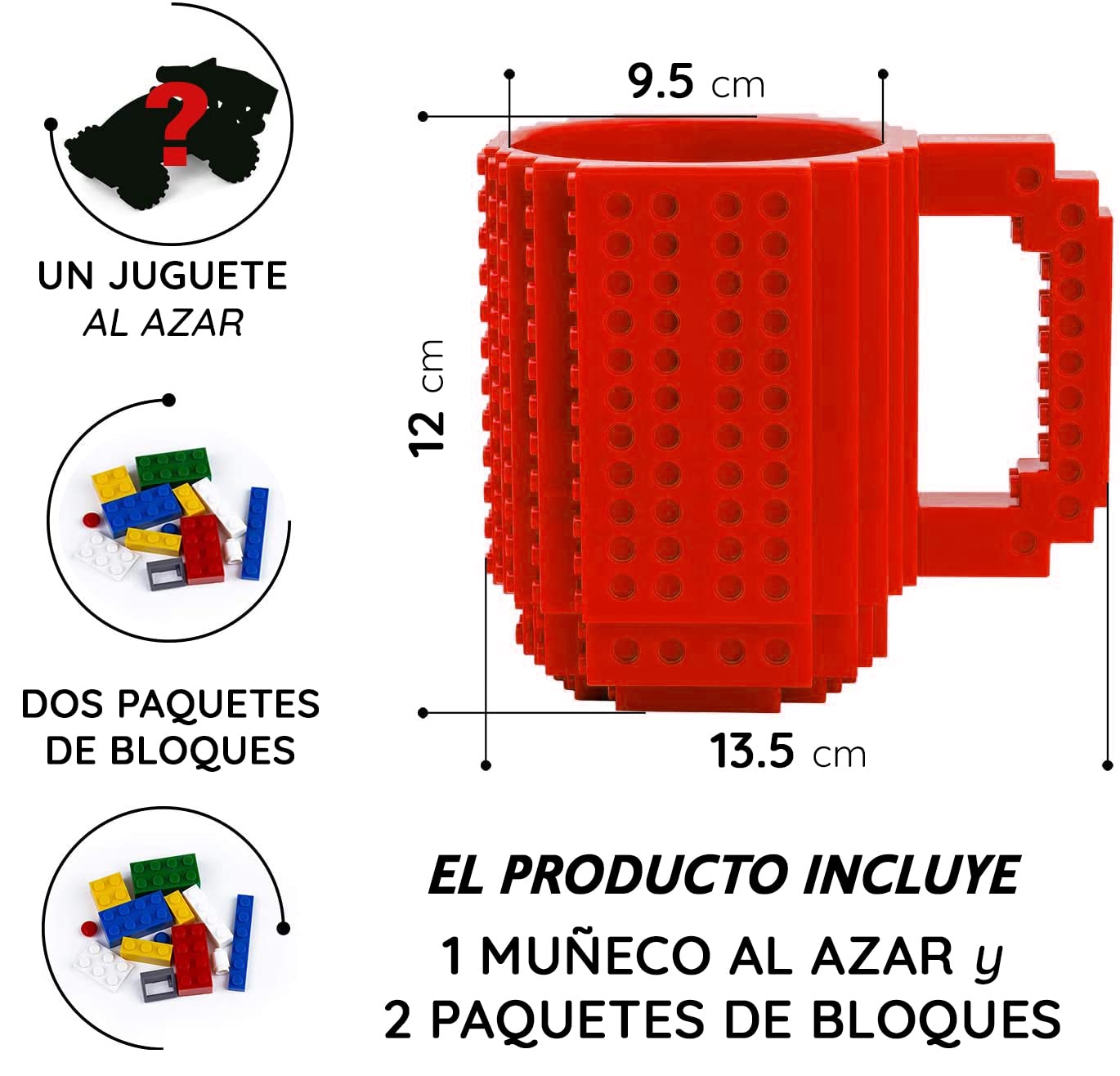 John & John Taza armable de diseño Divertido para Ladrillos, Incluye un muñeco y 2 Sets de Bloques de construcción para Jugar (10 Colores) - Rojo