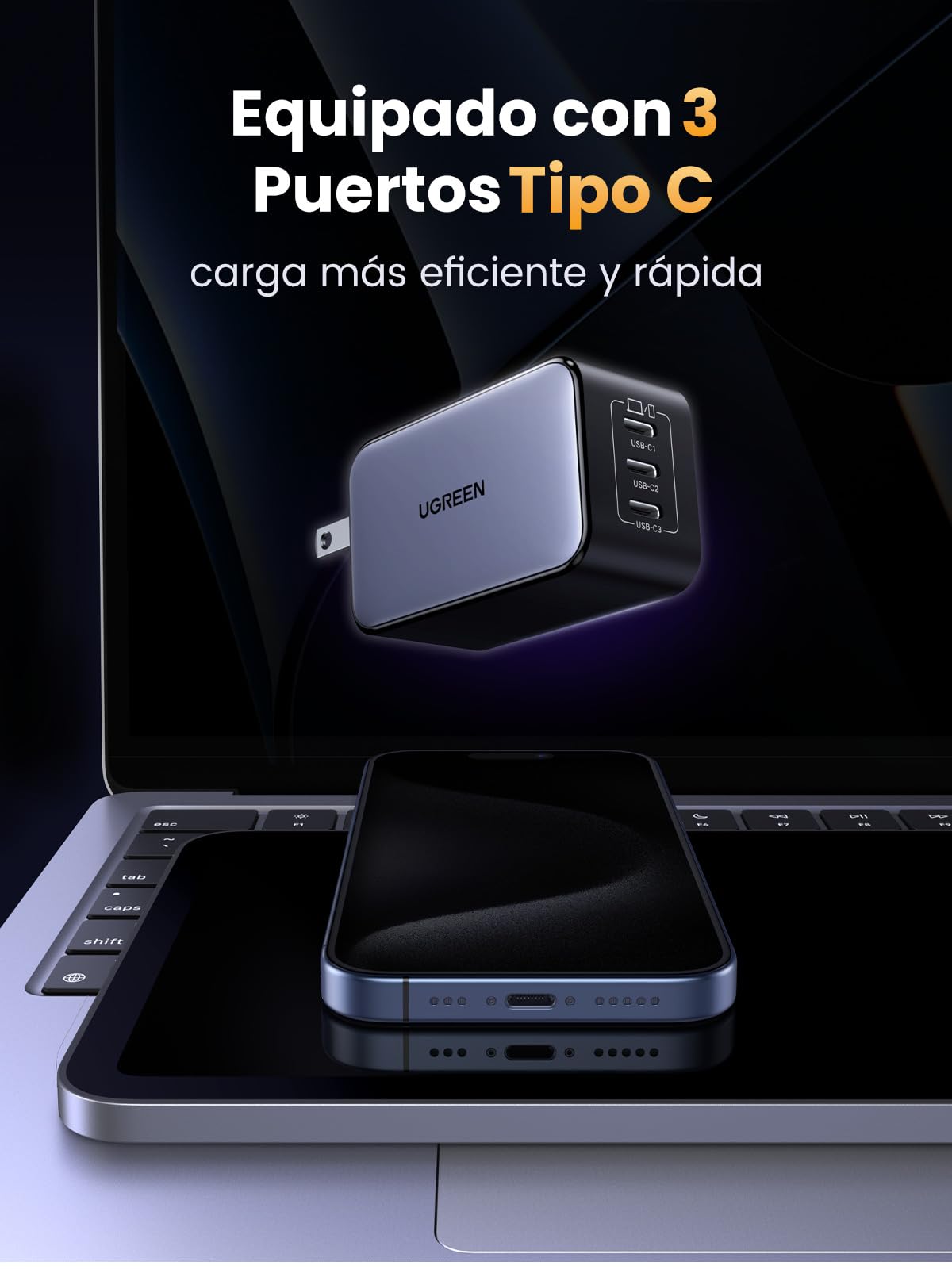 Cargador USB C 65W UGREEN Blanco Nexode GAN con 3 Puertos Compatible con iPhone Galaxy MacBook iPad Pixel Steam Deck