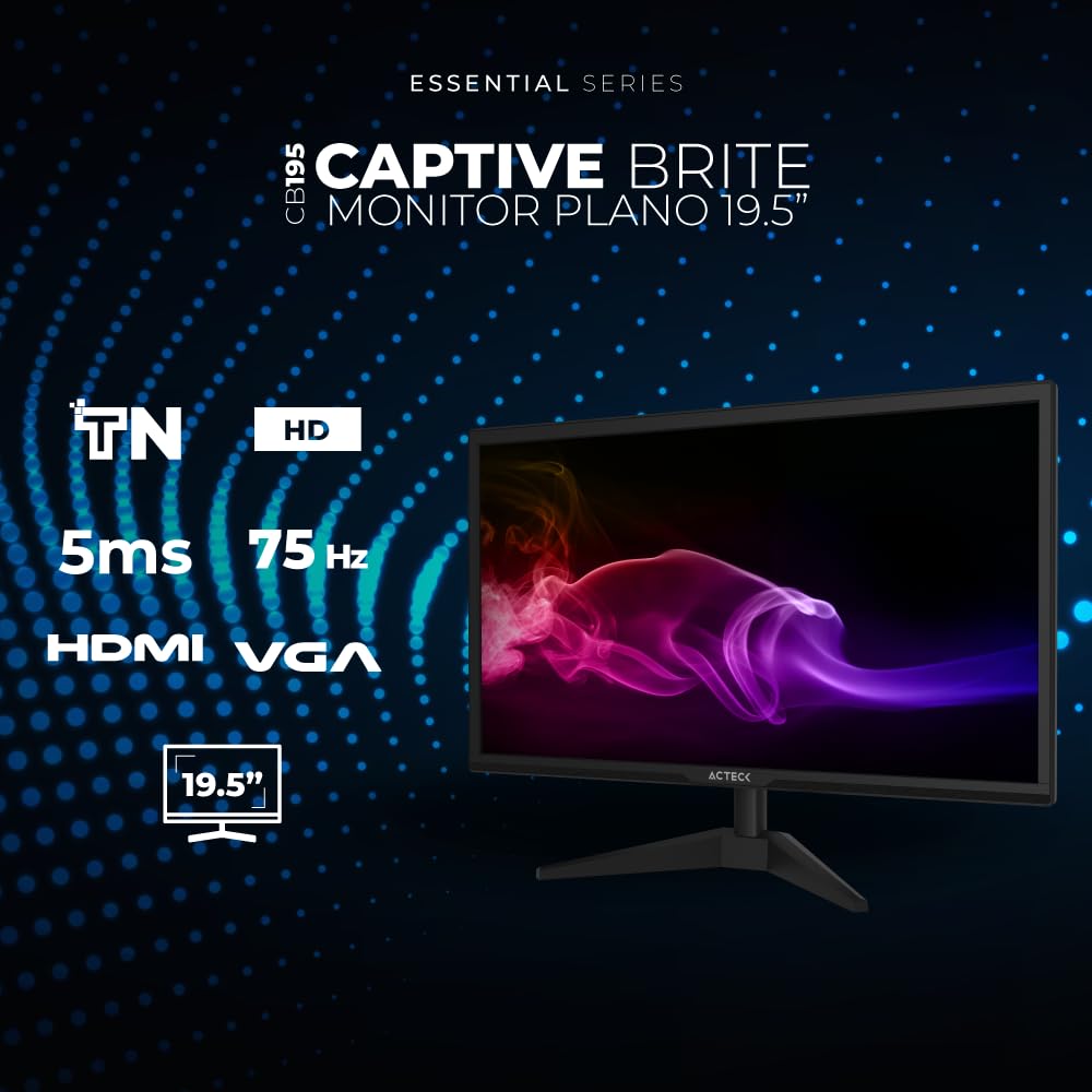 Monitor Plano 19.5" TN/Captive Brite CB195 / HD / 75Hz-60Hz / 5ms / 1xVGA / 1xHDMI / Vesa 75 x 75 mm/Negro