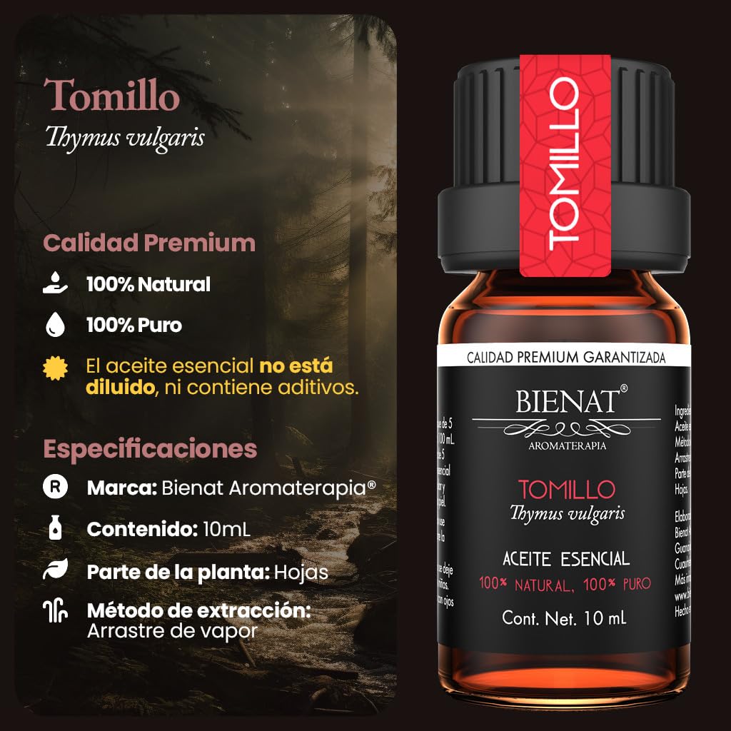 BIENAT AROMATERAPIA Aceite Esencial de Tomillo 10mL | 100% Puro y Concentrado | Ideal para Difusor de Aromas, Humidificador, Aromaterapia, Masajes, Meditación, Jabones y Velas | Esencia Natural en Gotas