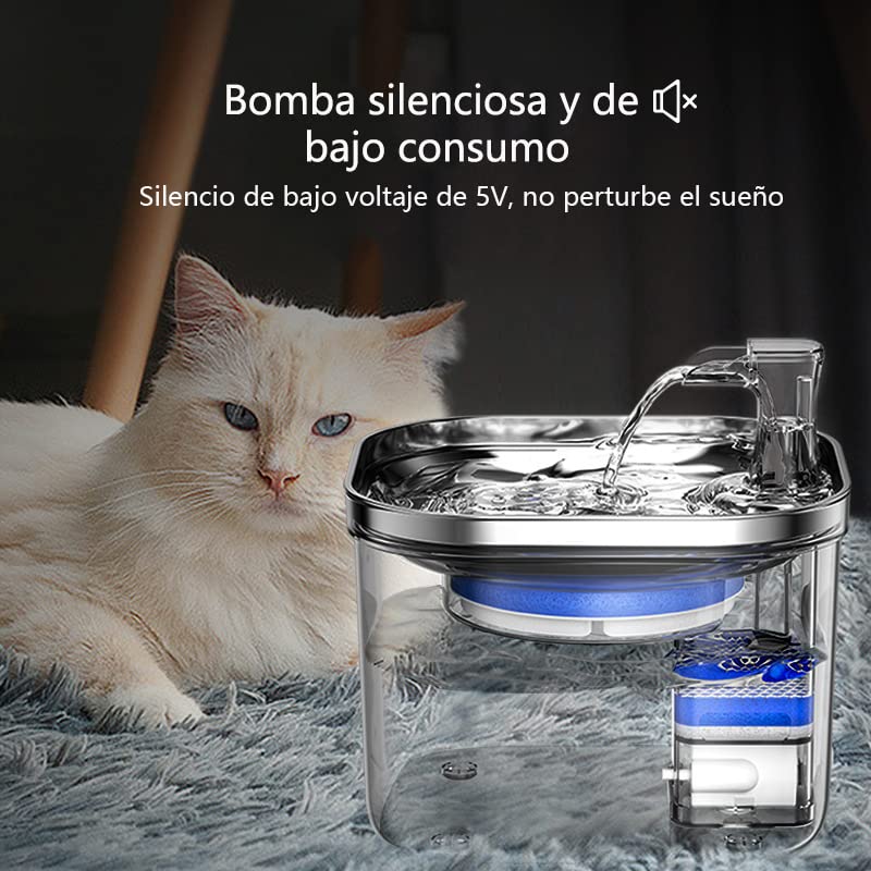 LKUWEE Bebedero para Gato, 304 Acero Inoxidable Fuente para Gato, 67oz/2 L, Ultrasilencioso y Sistema de Filtración de Agua Circulante de Fuente de Agua para Gatos, Dispensador de Agua para Perro