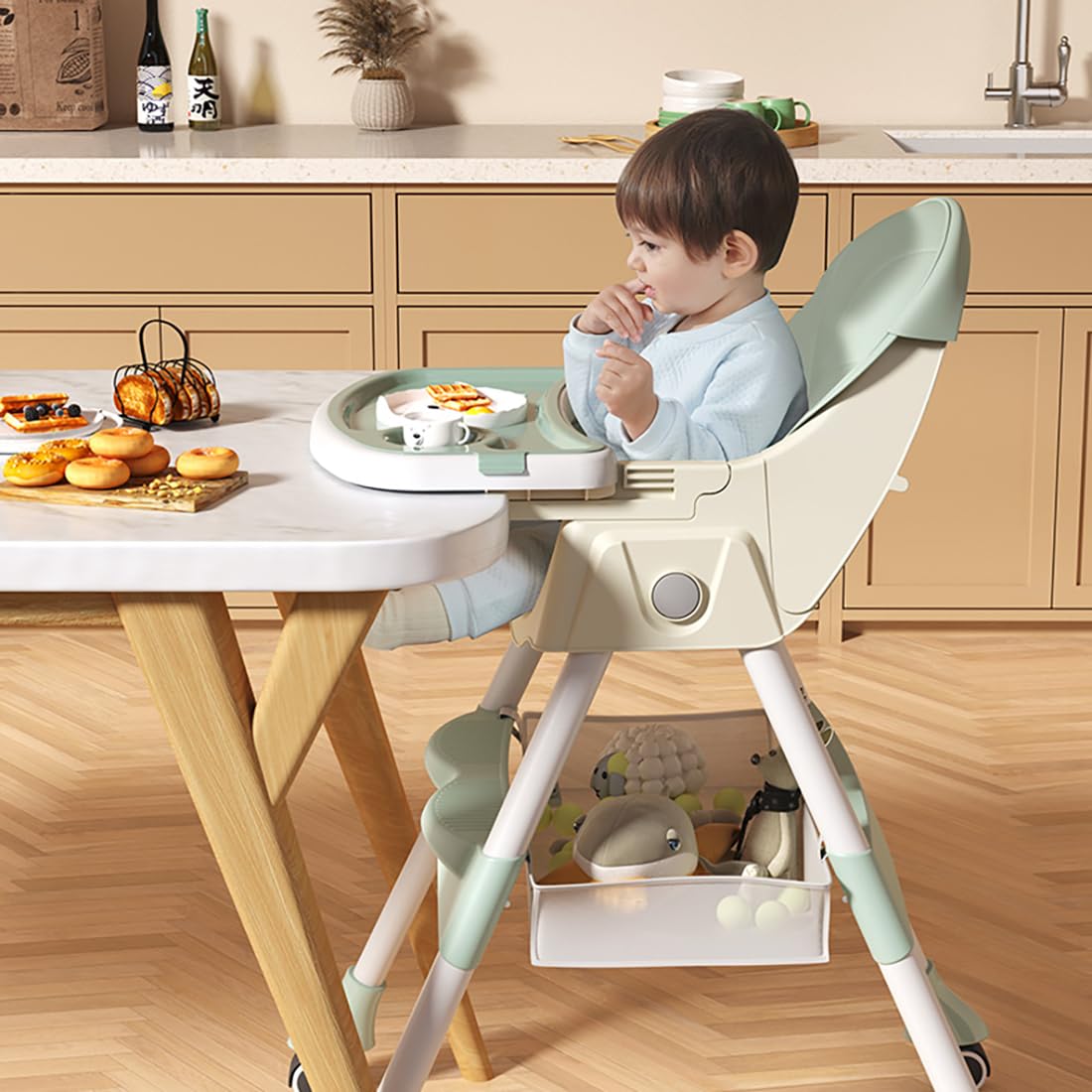 SLNXA Silla Alta para Bebé Multifuncional: Sillón y Mecedora en Uno con Ruedas Universales, Plato Llano Doble Extraíble, Cesta de Almacenamiento y Cojín de PU, Ajustable Plegable (Verde)