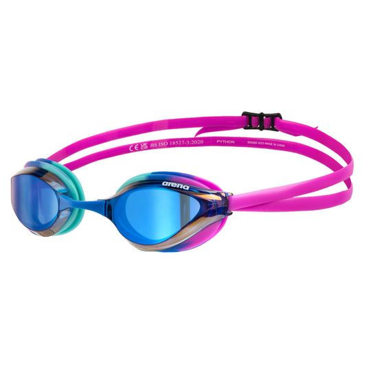 ARENA - anteojos de natación unisex para adultos, para hombres y mujeres, lentes de espejo antivaho, máxima comodidad, doble correa, azul/magenta/azul