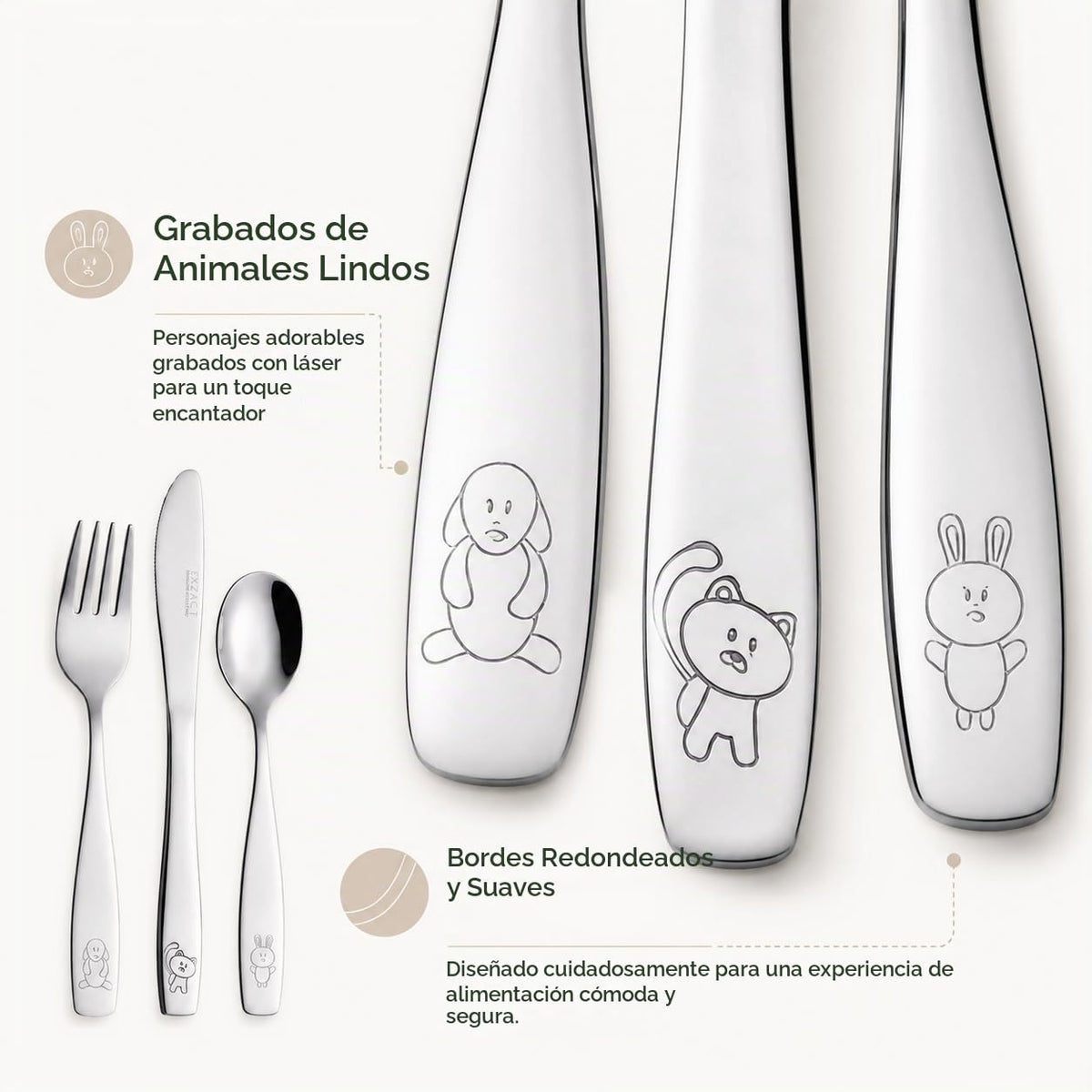 Exzact Children's Flatware 9 Pieces Set - Stainless Steel Cutlery/Silverware 3 x Safe Forks, 3 x Table Knife, 3 x Tablespoons - Safe Kids Toddler Utensils Lunch Box (Engraved Dog Cat Bunny) (WF850-S9)