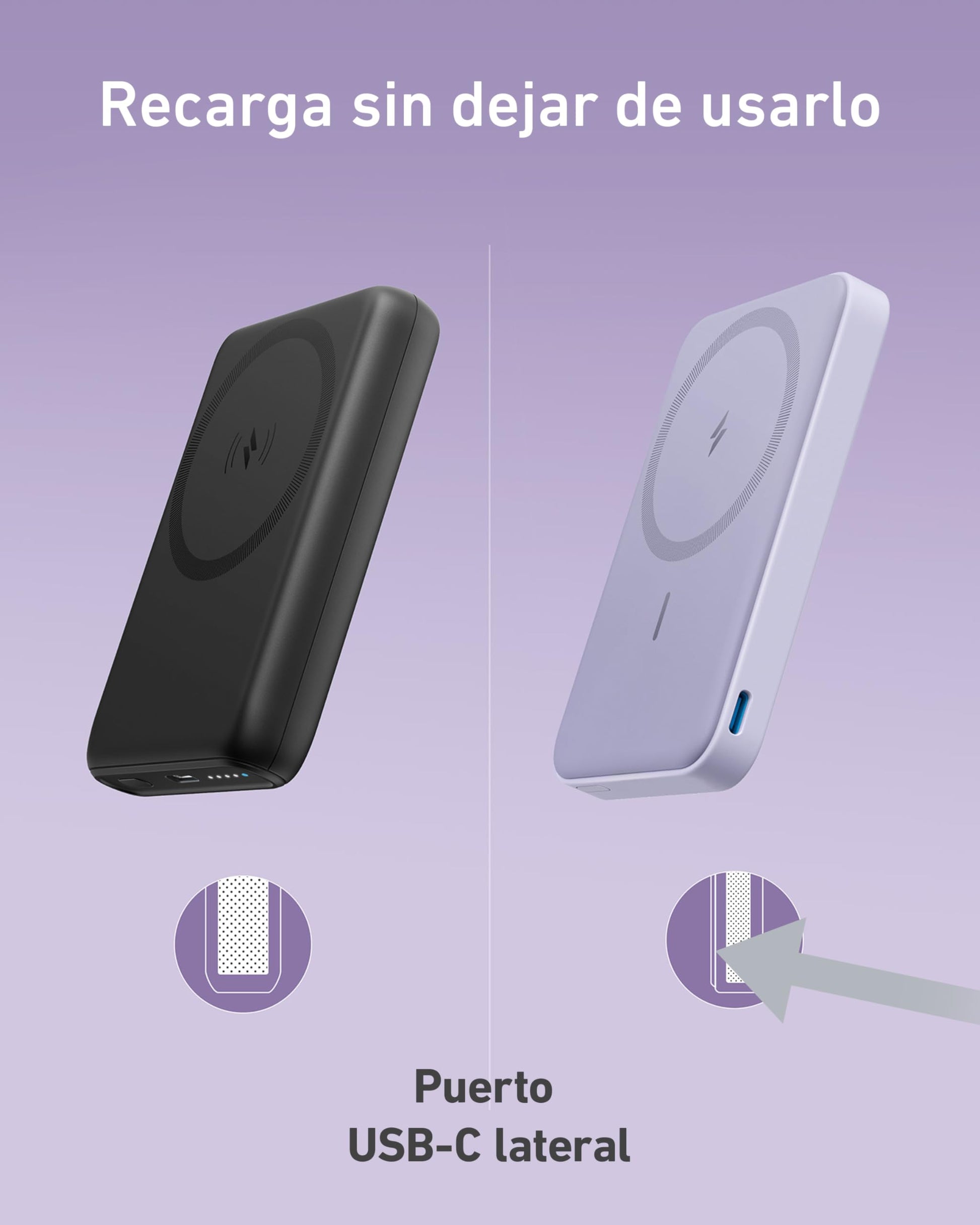 Batería Portátil Anker Púrpura Magnética con Soporte y USB-C para iPhone 15/14/13