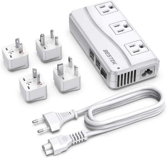 BESTEK - Adaptador Universal de Viaje de 100 a 220 V a 110 V, convertidor de Voltaje de 250 W con Carga USB de 6 A, 4 Puertos, 3 enchufes de CA y Adaptador de Enchufe EU/UK/AU/EU/India en Todo el