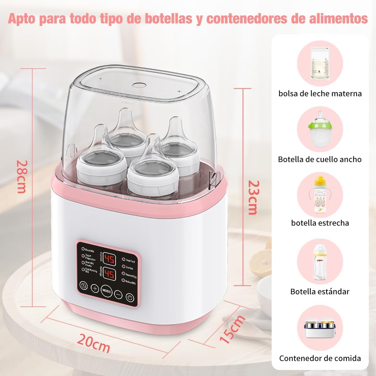 Calentador de Biberones, Esterilizador de Biberones Multifuncional 9 en 1, Calienta Biberon para Bebe Portátil, Apto para 4 Biberones, Pantalla LCD Control Preciso de Temperatura, Modo Constante de 24H