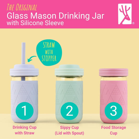 Vasos de Licuado Elk and Friends Vidrio con Mangas y Pajitas Silicona a Prueba de Derrames para Niños