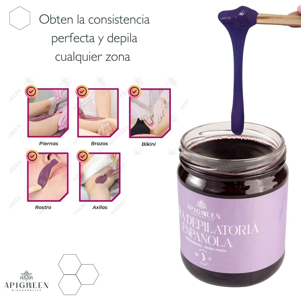 APIGREEN - CERA ESPAÑOLA DEPILATORIA (400GRS) + APLICADORES, PIEL SENSIBLE - BIKINI, ROSTRO, PIERNAS, BARBA | DEPILA SIN DOLOR | EFICAZ EN TODO TIPO DE VELLO (Lavanda)