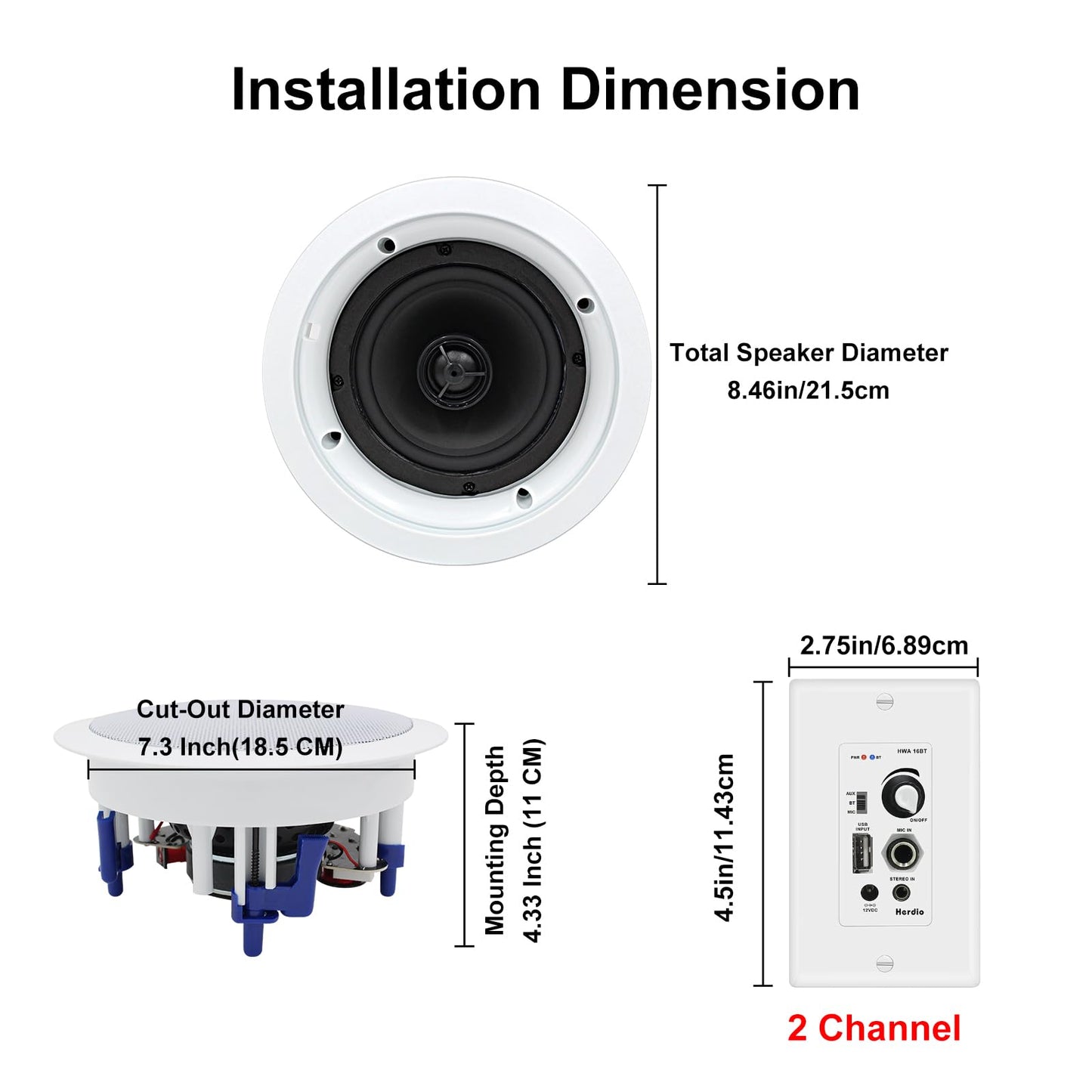 Herdio Paquete de Audio hogar, con Control de Montaje en Pared, Sistema Receptor de Amplificador con 300 W en Pared, Techo, bocinas pasivas, perfectos para Cine en casa, Oficina, baño, Cocina