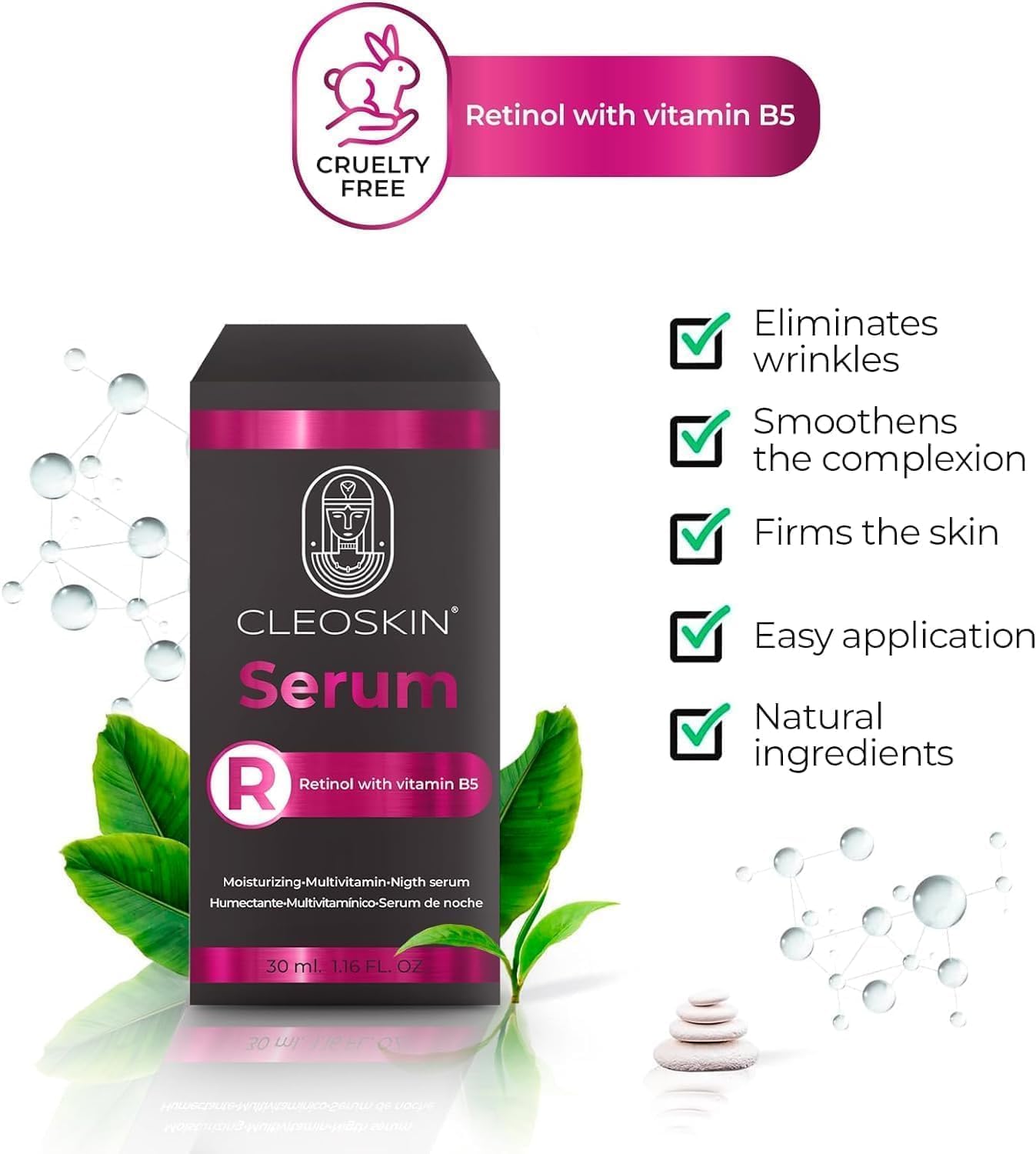 CLEOSKIN Kit 3 sueros faciales, Serum Vitamina C (ácido ascórbico), Serum Ácido Hialurónico con Niacinamida y Serum retinol (Vitamina A). Para el cuidado de la piel