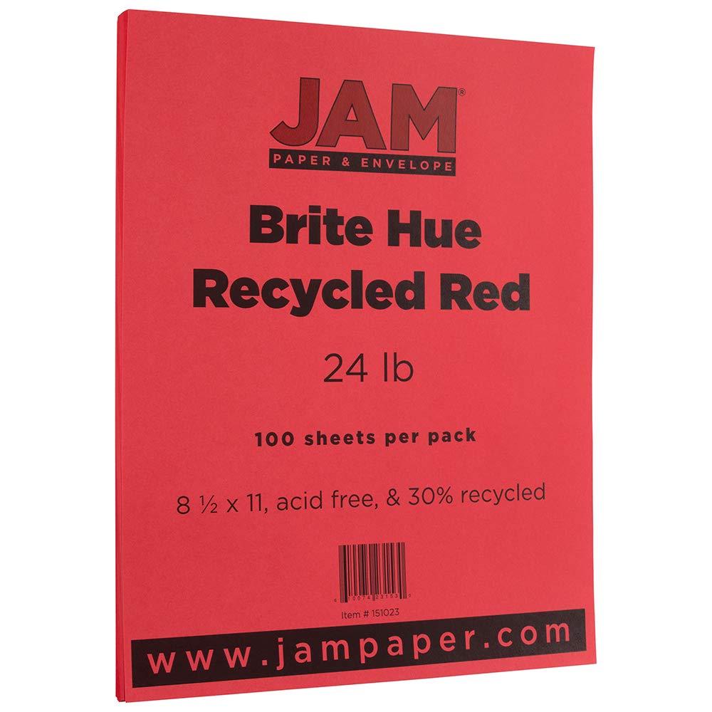 JAM PAPER Papel de color de 25 libras, 90 g/m² (60 lb). Texto) - 8,5 x 11 - Rojo reciclado - 100 hojas por paquete
