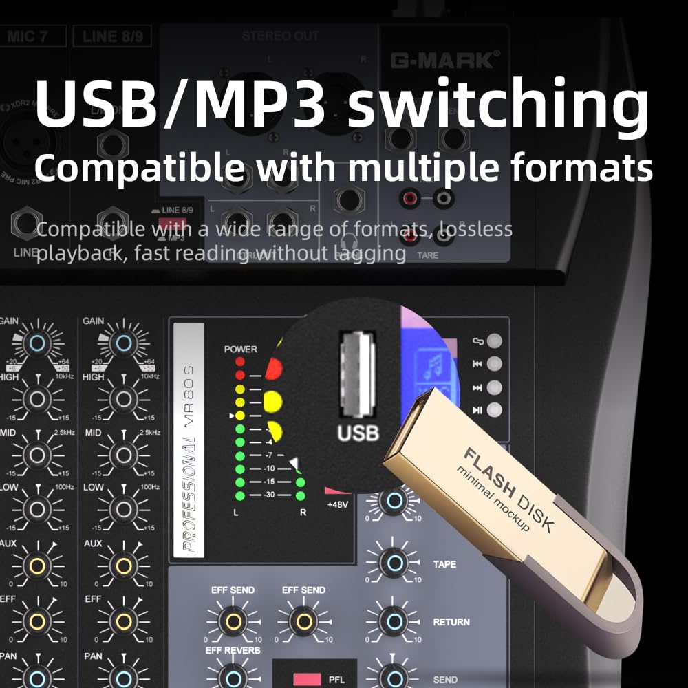 G-MARK MR80S Mezcladora de Audio Profesional 8 Canales, Consola de Audio Mixer con Interfaz USB Bluetooth, Mezcladora Digital de Estudio con Phantom Power de 48V para PC Estéreo Grabación Karoake