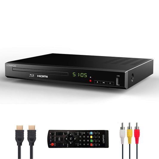 LONPOO Reproductor de BLU-Ray Full HD para TV, Reproductor de BLU-Ray Disc con Cables HDMI AV, 1080P CD Reproductor de DVD Sistema PAL NTSC Incorporado con Salida Coaxial HDMI AV, Entrada USB