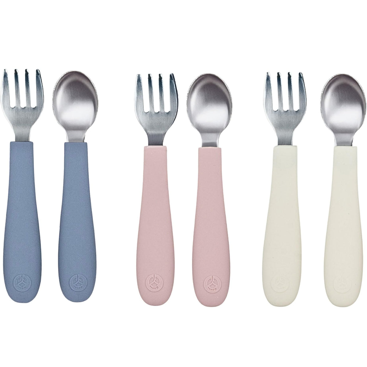 WeeSprout - Utensilios para niños pequeños, 3 tenedores y 3 cucharas, acero inoxidable 18/8 y silicona de grado alimenticio, asas gruesas de fácil agarre, longitud perfecta para nuevos