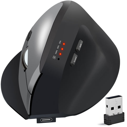 Ratón Vertical Bluetooth 5.2 Minielec Negro Ergonomía Recargable USB C 2.4Ghz 3 Niveles dpi