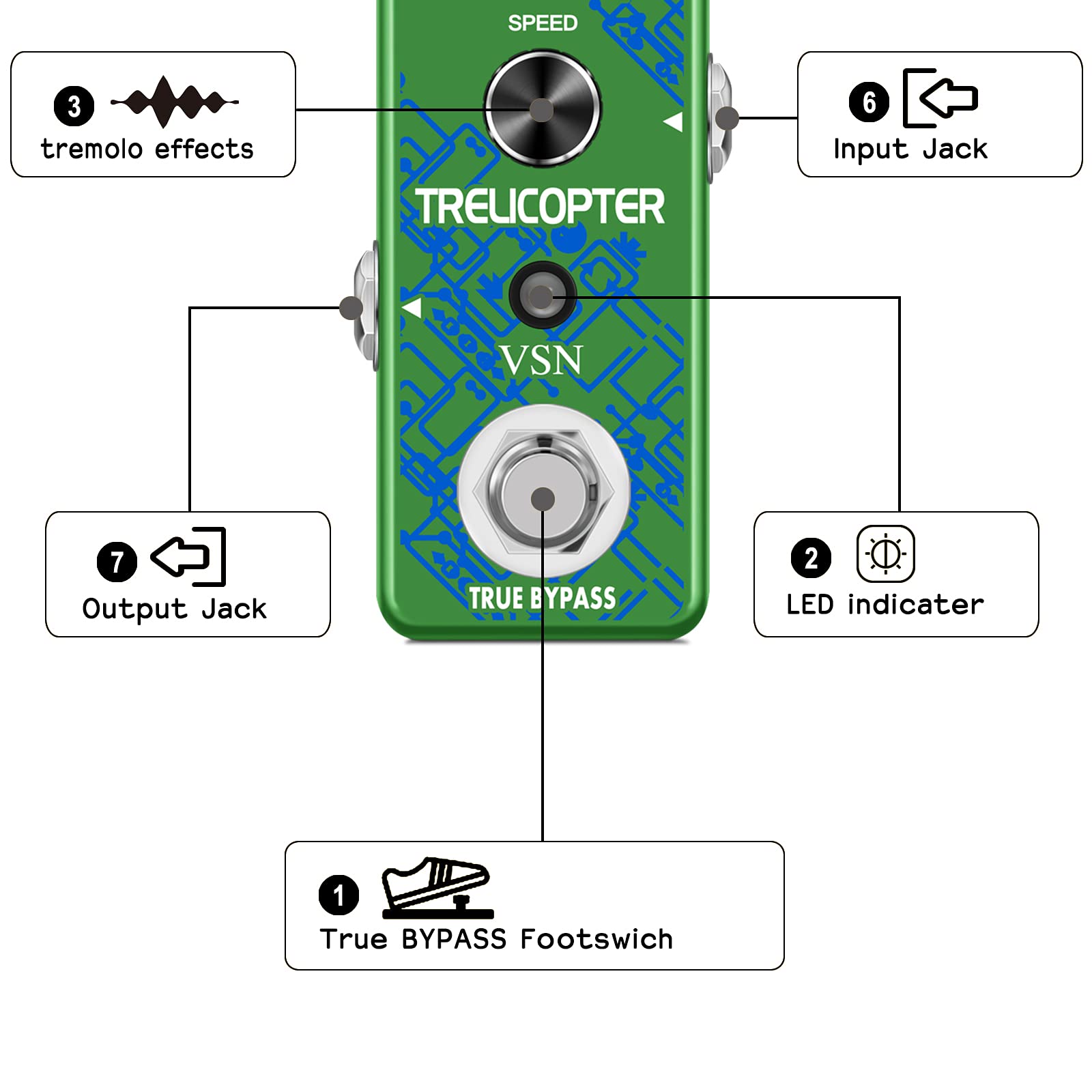 VSN Guitar Tremolo Effect Pedal of Classic Trelicopter Effects Tremolo Pedals for Electric Guitar Effect True Bypass