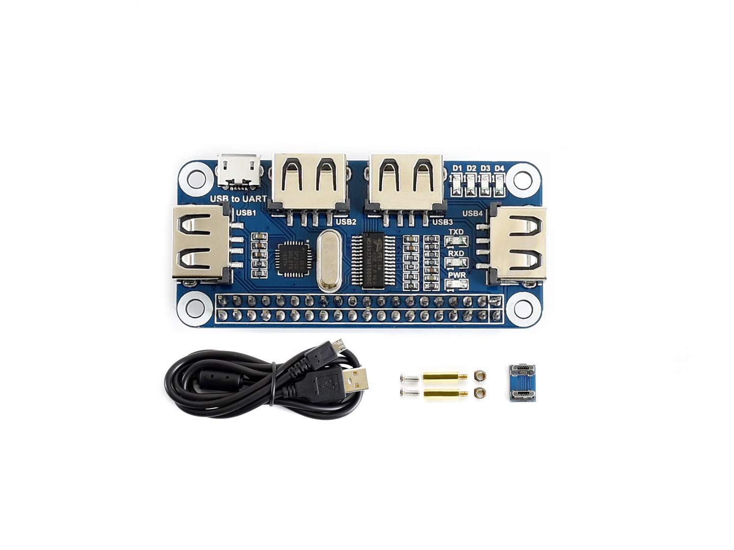 Hub USB 4 Puertos Waveshare Blanco con USB a UART Integrado para Raspberry Pi Zero/Zero W/B+/2B/3B/3B+ Compatible con USB2.0/1.1