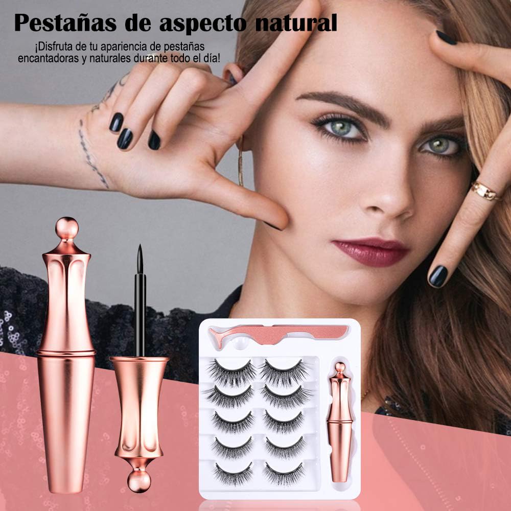 Pestañas Postizas Kit Completo, Pestanas Postizas Magnéticas Naturales 5 Pares, con Delineador Magnético y Pinzas, Extensiones de Pestanas 3D Iman, Reutilizables y Impermeable, No Necesita Pegamento