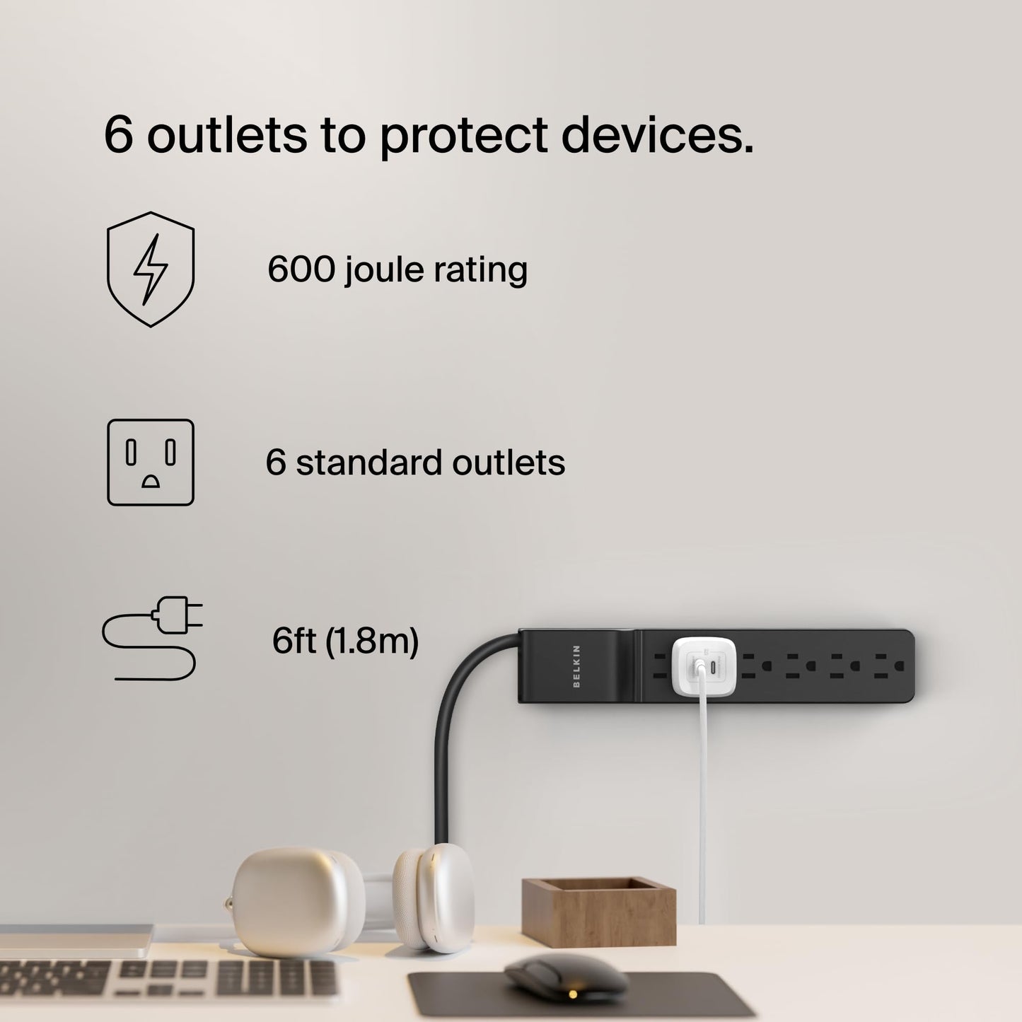 Belkin BSE600-06BLK-WM Supresor de Picos, 6 Salidas, Cable 1.82 metros, 600J, Negro
