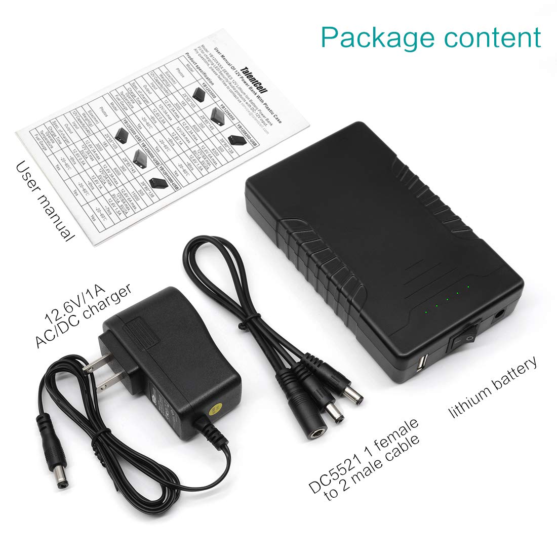 Batería Portátil TalentCell Negra de Iones de Litio con Cargador e Indicador LED para Tira LED y Cámara CCTV