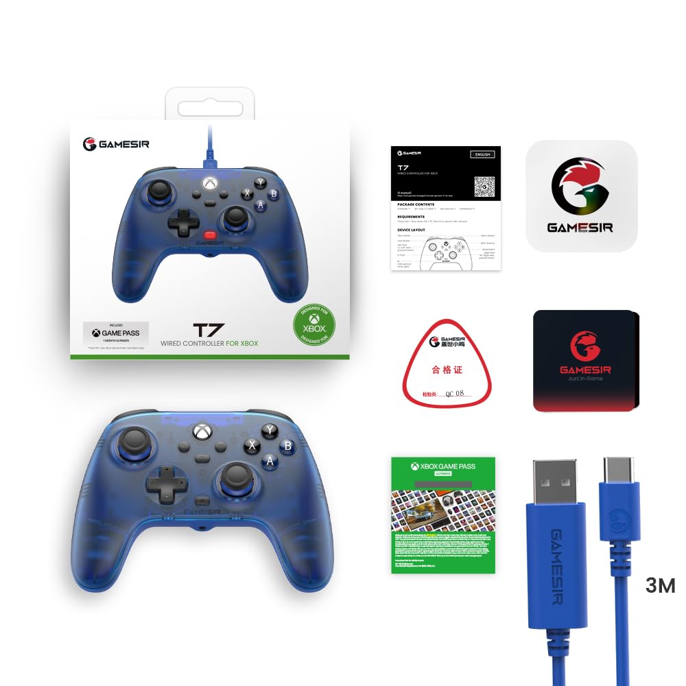 GameSir Controlador con cable T7 para Xbox Series X|S, Xbox One y Windows 10/11, Plug and Play Gaming Gamepad con efecto Hall, joysticks/Hall Trigger, conector de audio de 3,5 mm, color azul