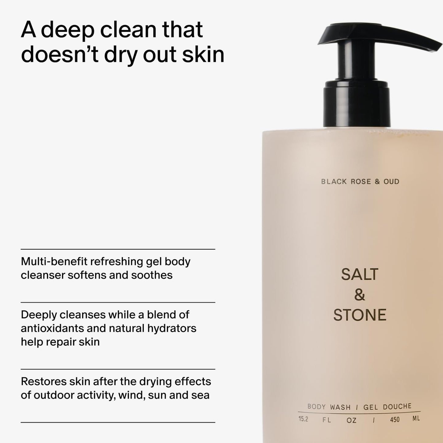 Salt & Stone- Gel de baño con antioxidantes para una hidratación profunda | Para mujeres y hombres, sin sulfatos, parabenos ni colorantes, Leavi