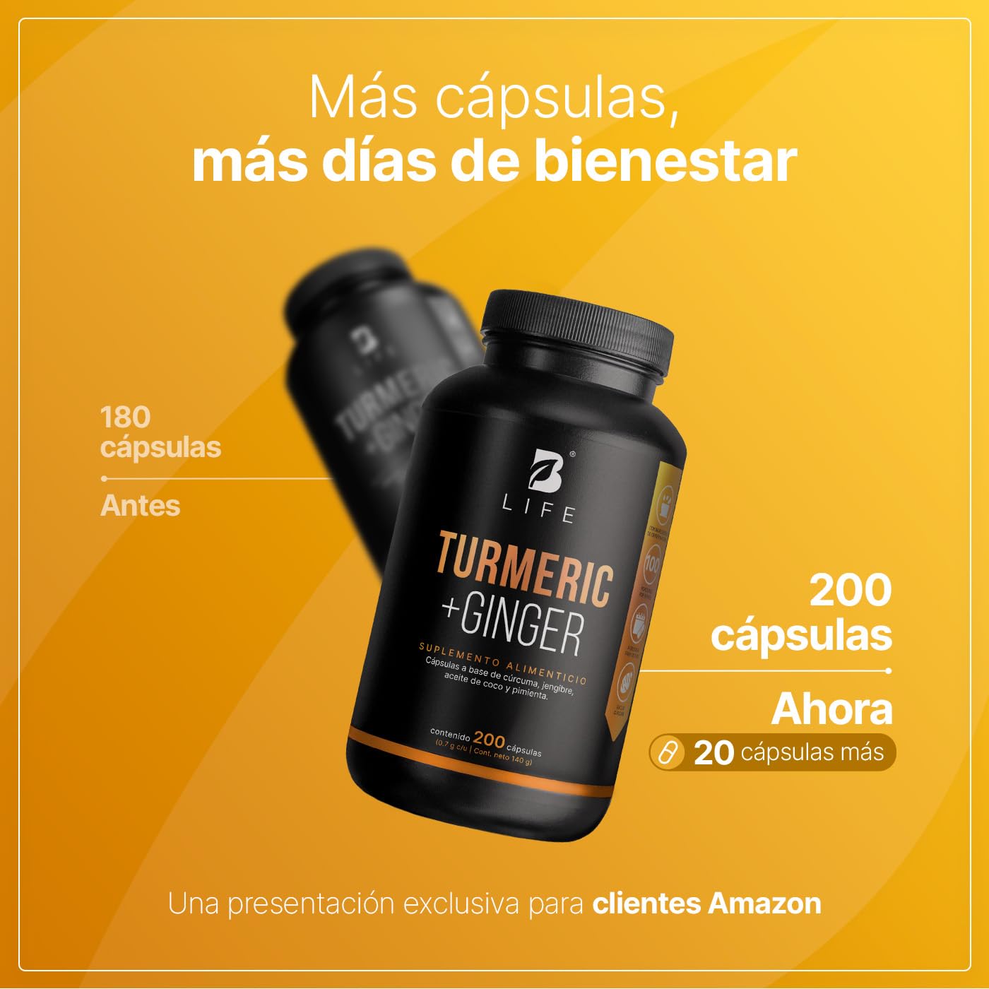 B Life Cúrcuma Con Jengibre y Aceite De Coco | 200 Cápsulas | 1400 mg por porción | Adicionado con Pimienta Negra | Turmeric + Ginger.