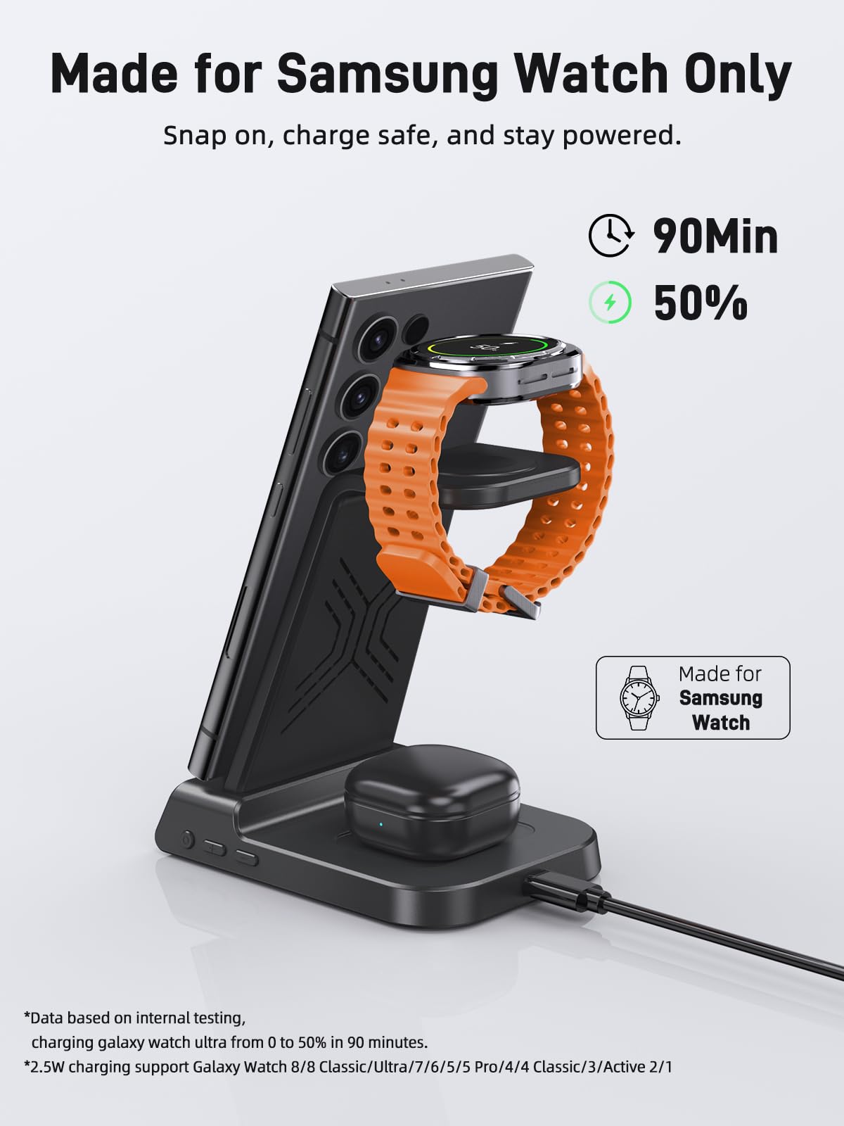 Cargador inalámbrico para estación de carga Samsung, cargador inalámbrico de teléfono Android 3 en 1 para Samsung Galaxy S24 Ultra/S23 Ultra/Z Flip 5/Fold 5/Bud, cargador para Galaxy Watch 6/5/4 (solo