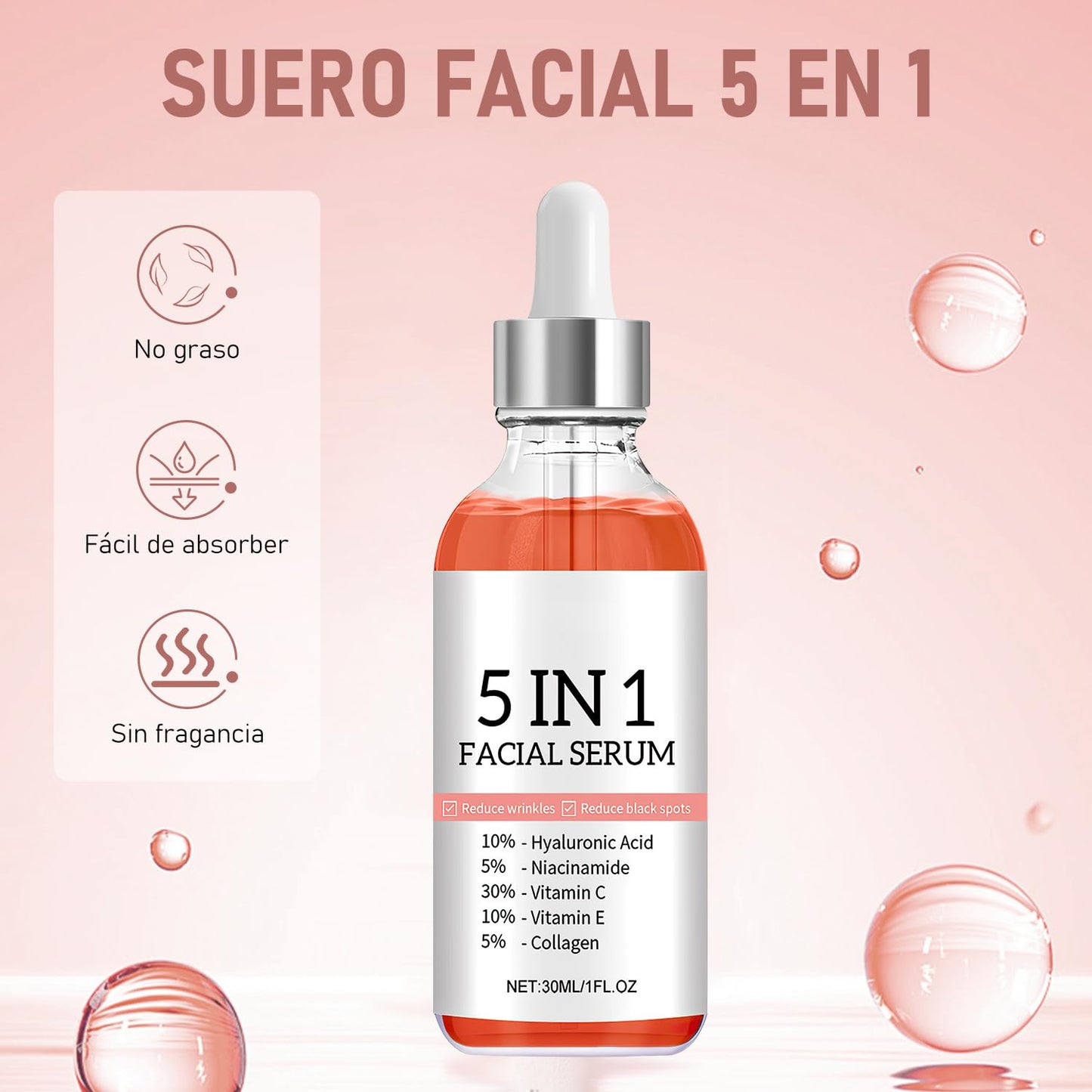 Suero Facial Antienvejecimiento 5 en 1 con Vitamina C y Ácido Hialurónico - Reafirma, Reduce Arrugas y Unifica Tono de Piel