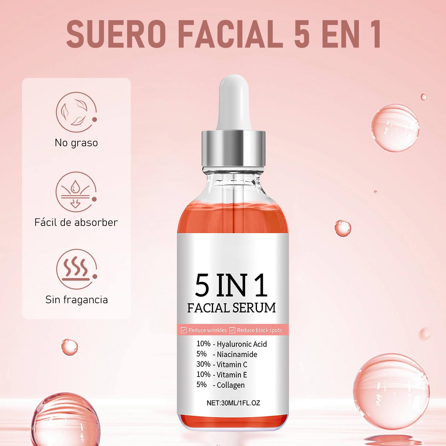 Suero Facial Antienvejecimiento 5 en 1 con Vitamina C y Ácido Hialurónico - Reafirma, Reduce Arrugas y Unifica Tono de Piel