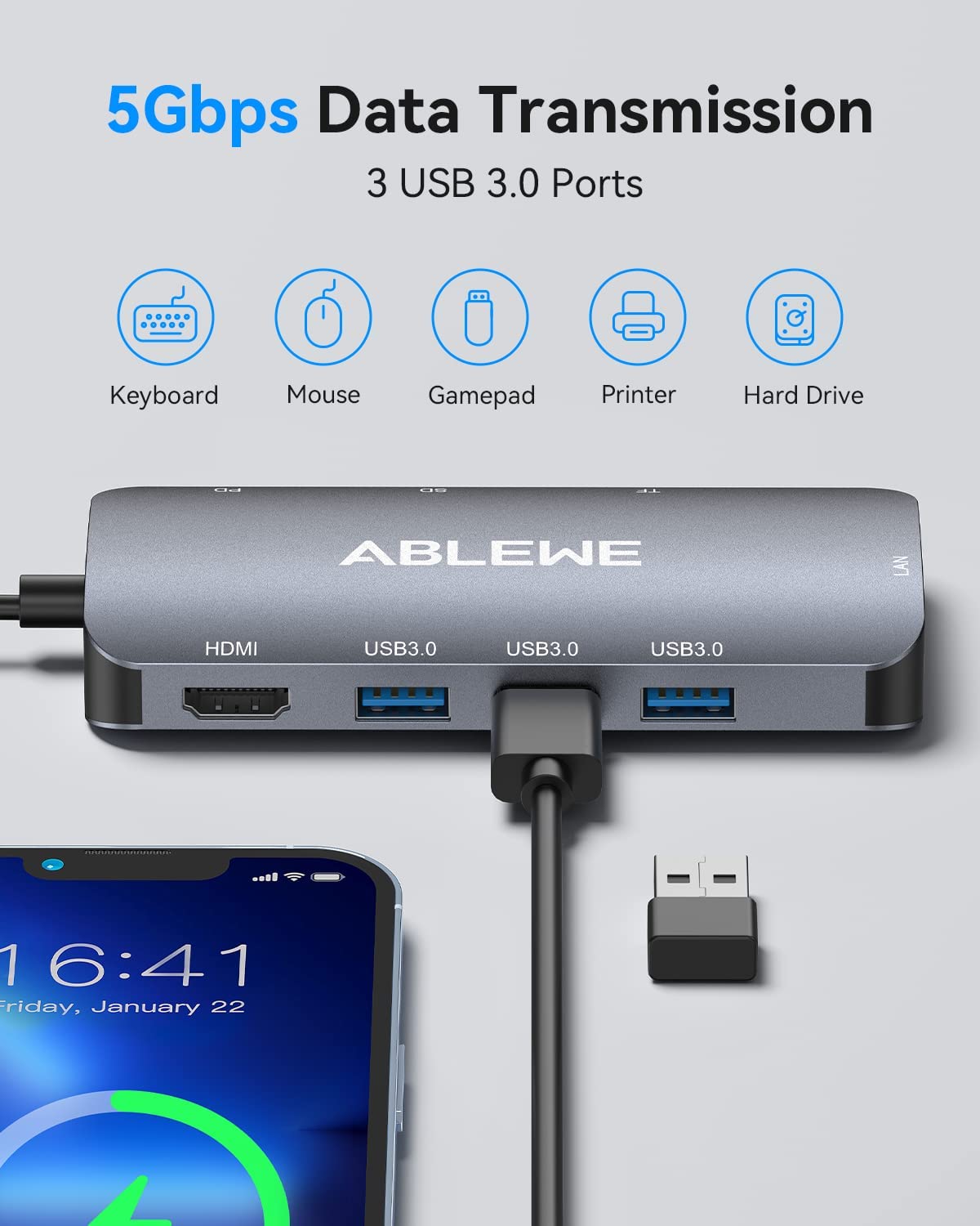 ABLEWE HUB USB C, 8 en 1 Adaptador USB C a hdmi 4K,USB 3.0 3 Puertos,Lector Tarjetas SD/TF,Puerto Gigabit Ethernet,87 Power Delivery Carga,Type C Hub Compatible para MacBook,MacBook Pro,Chromebook