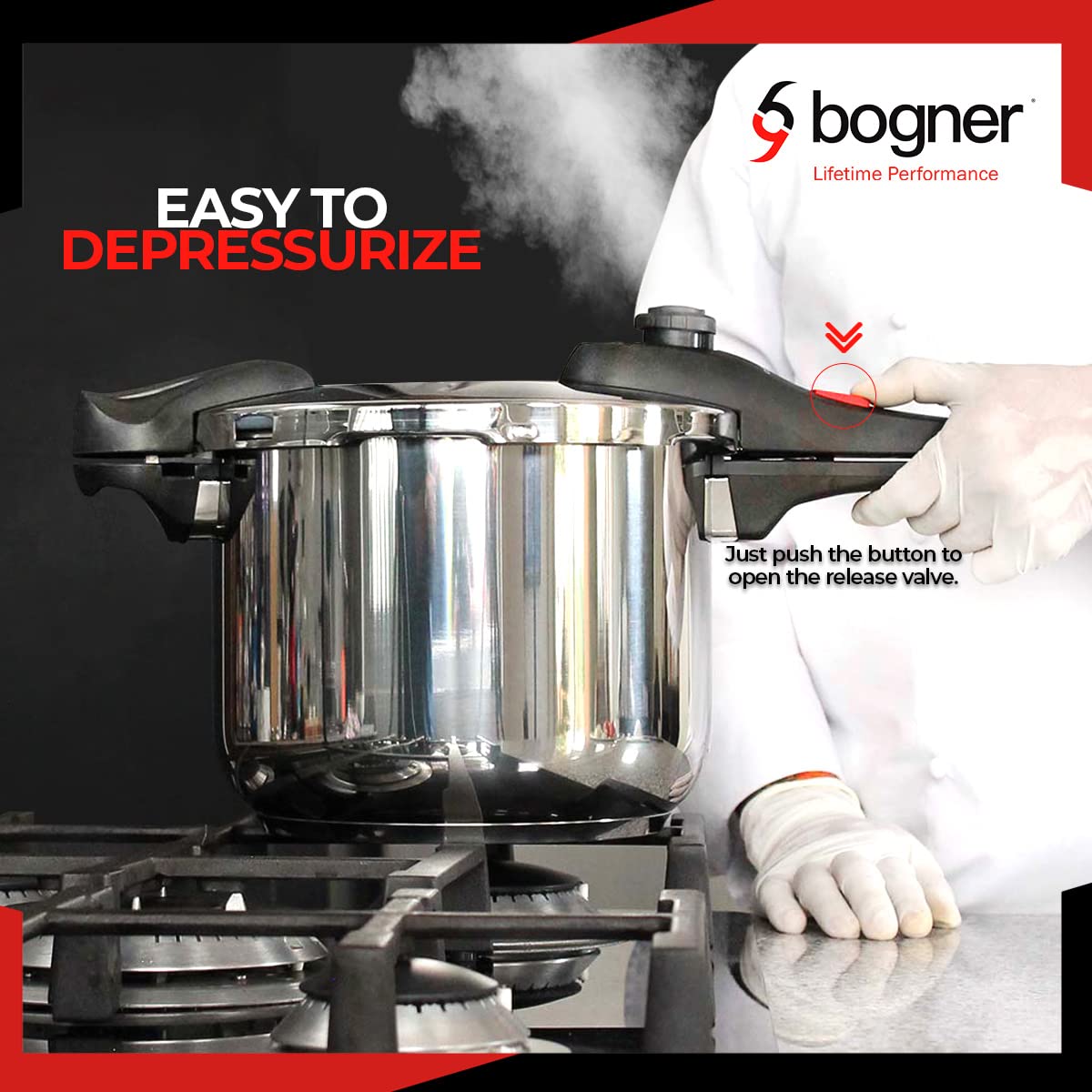 BOGNER- Olla de presión de acero inoxidable, capacidad de 8 litros. Cuenta con 4 sistemas de seguridad